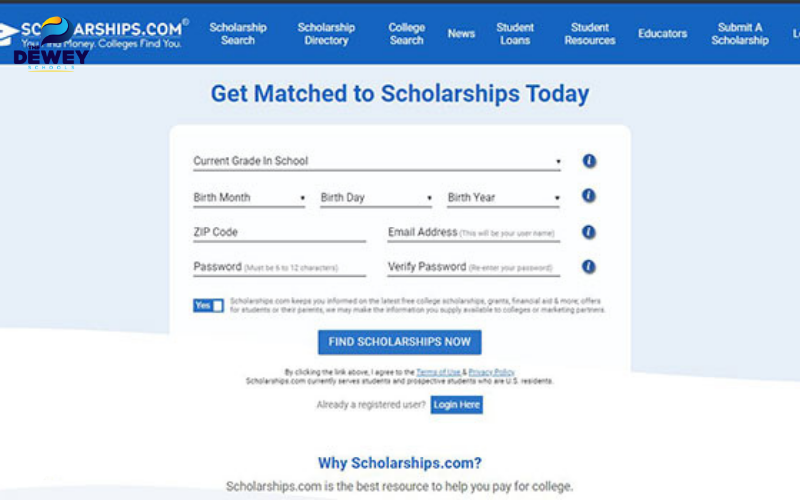 Giao diện trang web College Scholarship cung cấp danh sách học bổng du học Anh cho sinh viên quốc tế