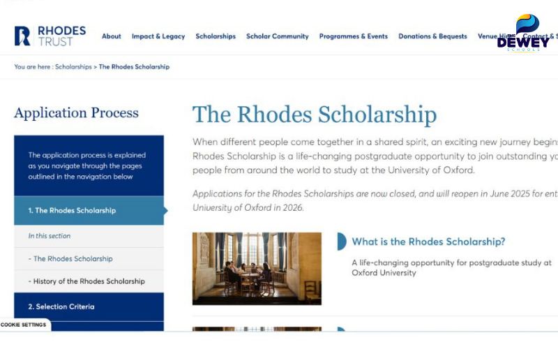 Giao diện trang Rhodes Scholarships giới thiệu thông tin chi tiết cho sinh viên quốc tế